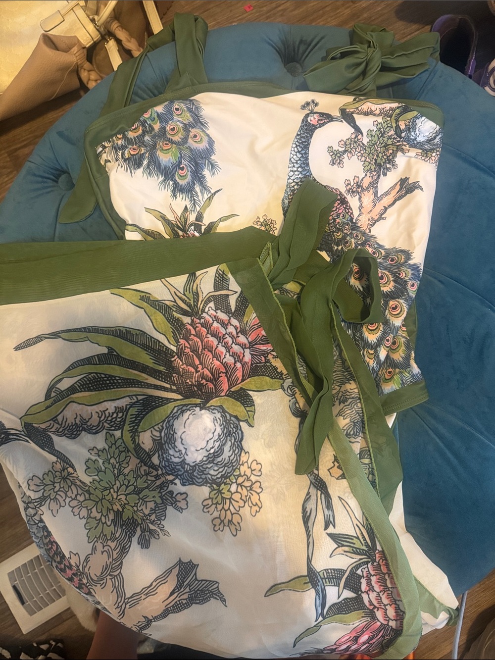 Floral & Peacock Print Tie-Strap one peice with Olive Trim and matching sarong